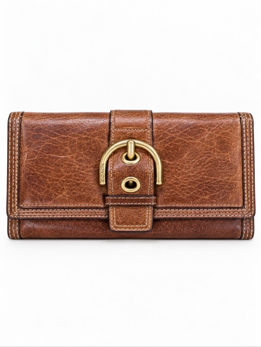 Coach Brown Leather Buckle Continental Wallet Gold Tone